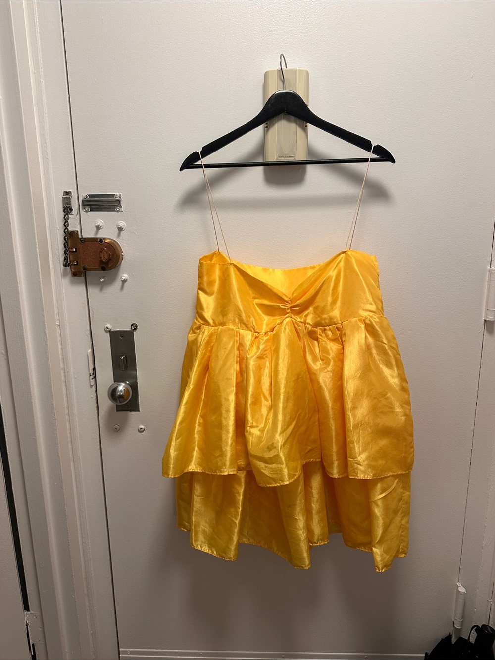 Yellow Satin Tiered Spaghetti-Strap Dress
